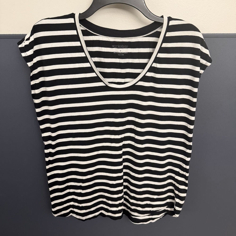 Workshop Republic Clothing Size M‎ Cap Sleeve Round Neck B/W Striped Shirt Soft